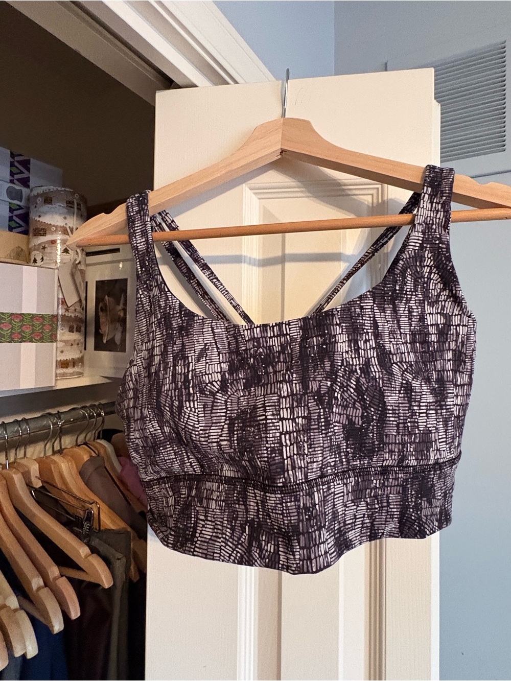 Lululemon Energy Longline Sports Bra in black and white print.